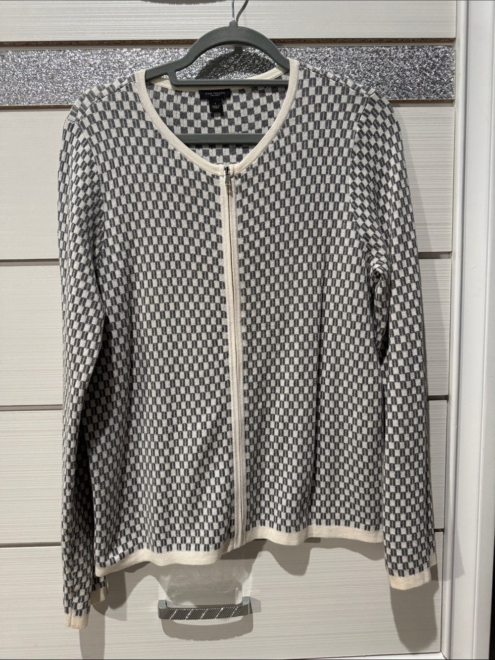 Ann Taylor Factory Gray and Cream Checker Zip Cardigan Sweater